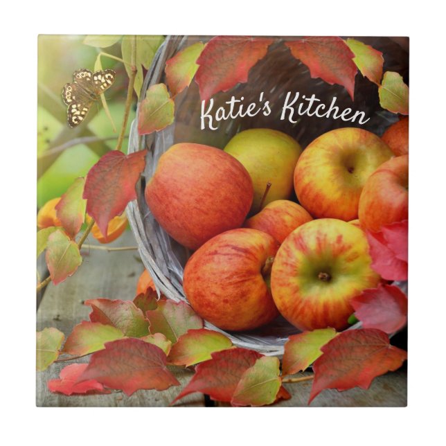 Colourful Apple Basket and Fall Leaves. Customised Tile (Front)