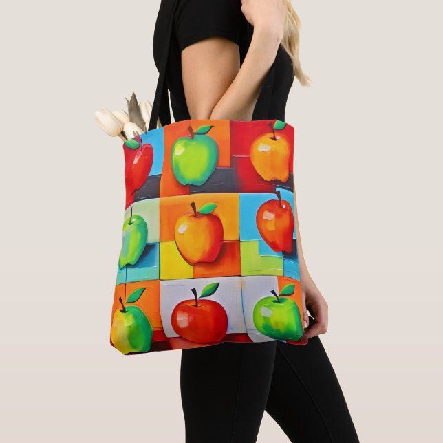 Colourful Apple Grid Tote Bag (Close Up)