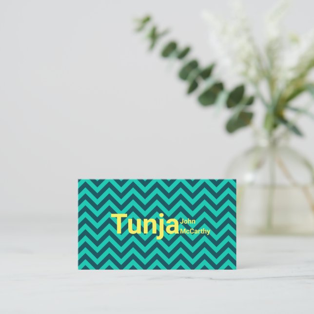 Colourful Aqua Green Yellow Chevron Pattern Business Card (Standing Front)