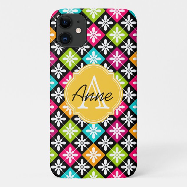 Colourful Argyle Floral Pattern Monogram Name Case-Mate iPhone Case (Back)