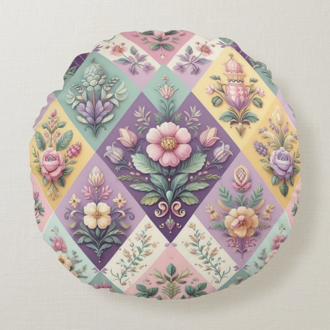 Colourful argyle pastel Easter/Spring Round Cushion (Front)