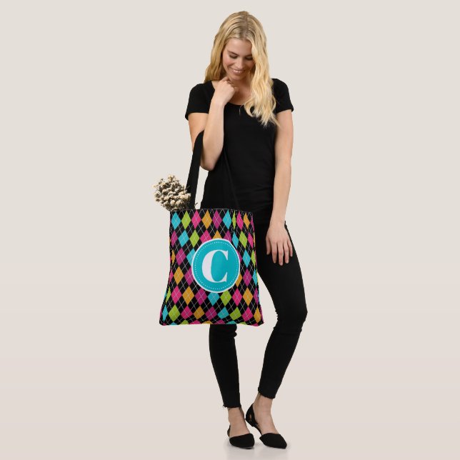 Colourful Argyle Pattern Personalised Tote (On Model)