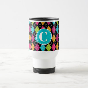 Colourful Argyle Pattern Personalised Travel Mug
