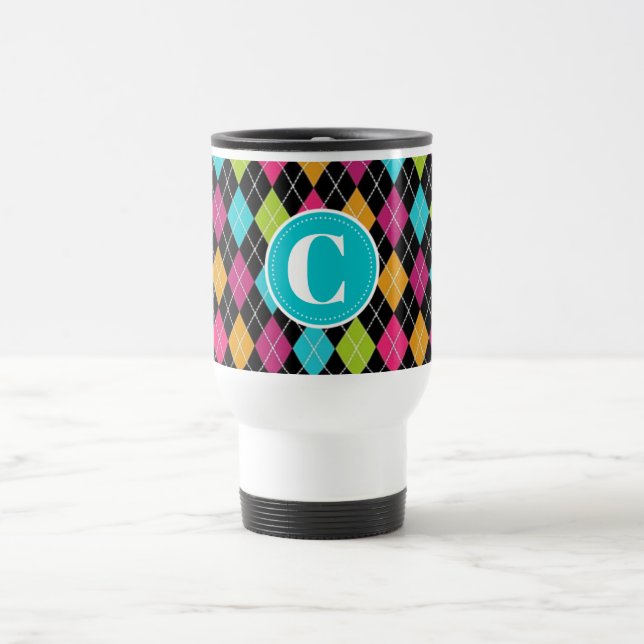 Colourful Argyle Pattern Personalised Travel Mug (Center)