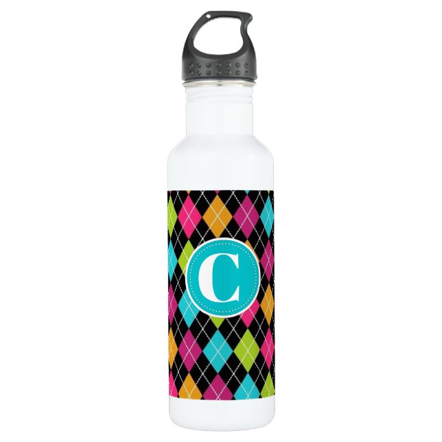 Colourful Argyle Pattern Personalised Water Bottle (Front)