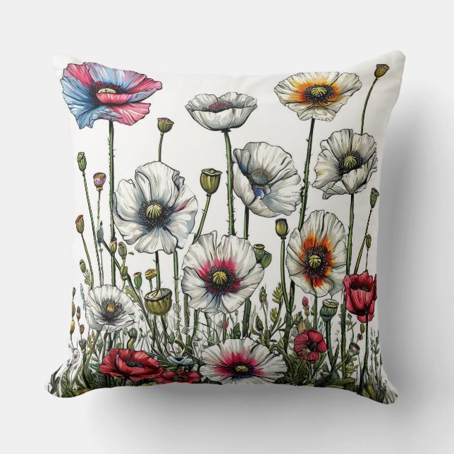 Colourful Array of Poppies in a Botanical Illustra Cushion (Front)