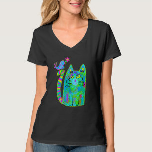 Colourful Art Cat With Blue Bird For Cat T-Shirt