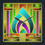 Colourful Art Deco Square Wall Clock<br><div class="desc">Colourful and vibrant Art Deco design in gold,  green,  orange,  blue,  red and purple.</div>