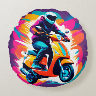 Colourful Art Depiction of a Person Riding Round Cushion