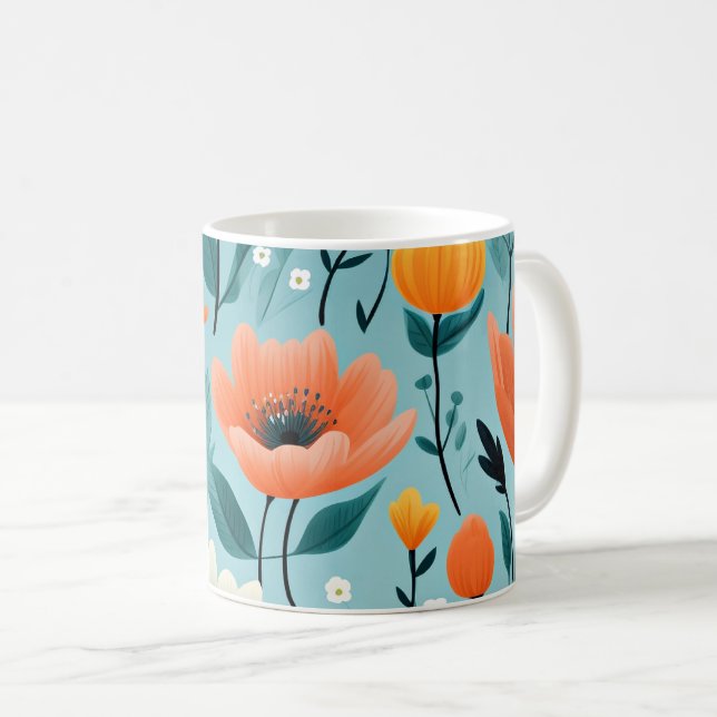 Colourful art flowers-aqua, white, peach, yellow, coffee mug (Front Right)