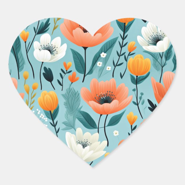 Colourful art flowers-aqua, white, peach, yellow, heart sticker (Front)
