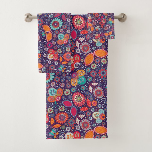 Colourful Art Illustration Nature Floral Pattern Bath Towel Set (Insitu)