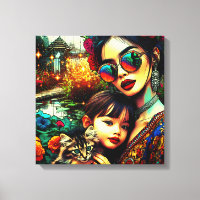 Colourful Art Mum and Daughter Asian Flower Garden