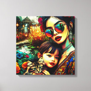 Colourful Art Mum and Daughter Asian Flower Garden Canvas Print