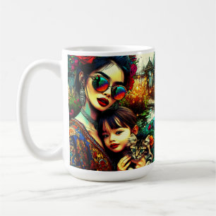 Colourful Art Mum and Daughter Asian Flower Garden Coffee Mug