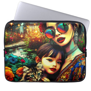 Colourful Art Mum and Daughter Asian Flower Garden Laptop Sleeve