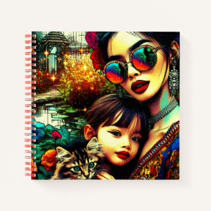 Colourful Art Mum and Daughter Asian Flower Garden Notebook