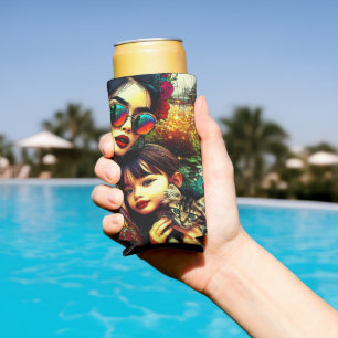 Colourful Art Mum and Daughter Asian Flower Garden Seltzer Can Cooler