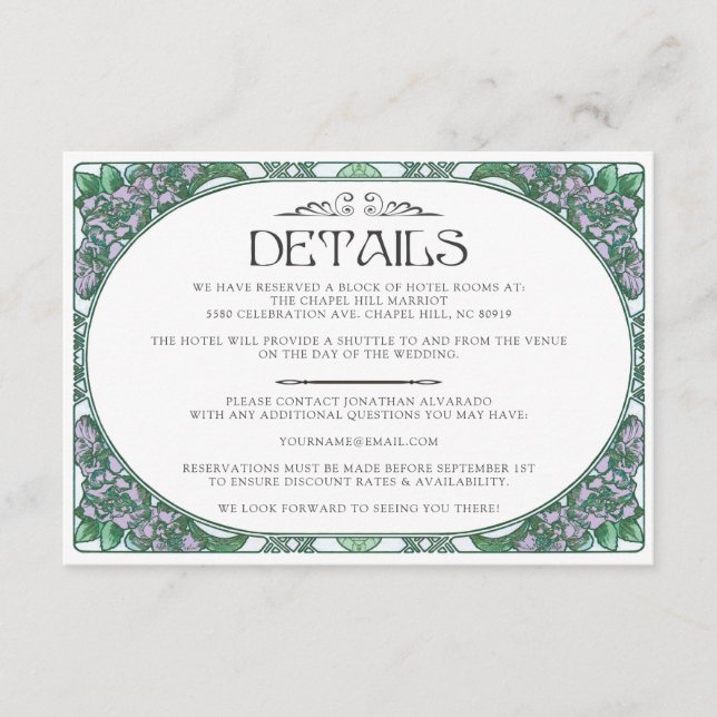 Colourful Art Nouveau Wedding Details Card (Set #2 (Front)