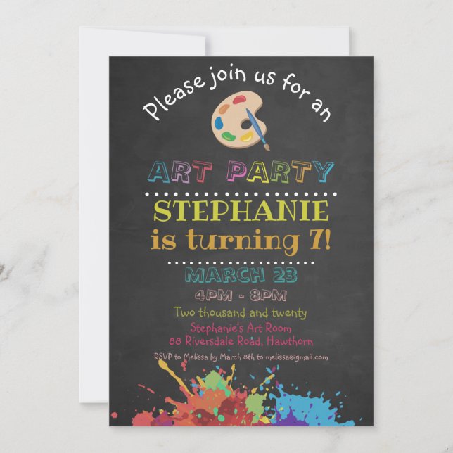 Colourful Art Party Ink Splash Chalkboard Birthday Invitation (Front)