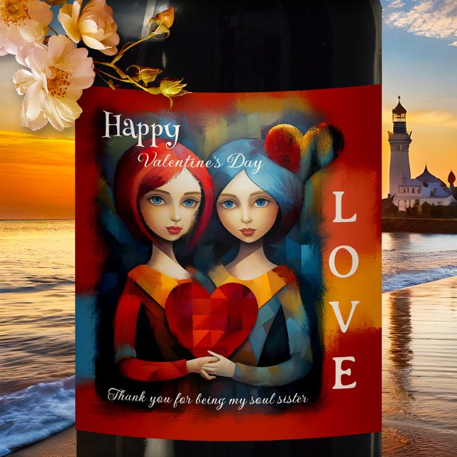 Colourful Art Soul Sisters Happy Valentine's Day Wine Label (A unique romantic wine label featuring a colorful painting of two women with a heart - friendship)