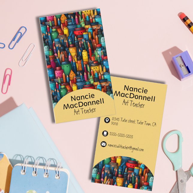 Colourful Art Teacher Cartoon Crayon Pen Pattern Business Card (Colorful Art Teacher Cartoon Crayon Pen Pattern Business Card)
