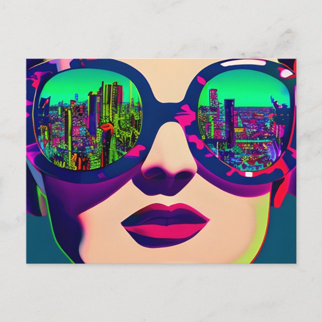 Colourful Art Woman in Sunglasses City Reflection  Postcard (Front)