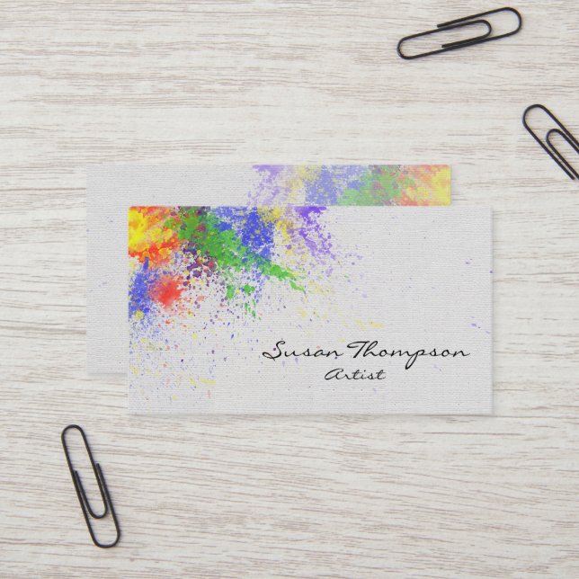 colourful Artist Paint Splatters 2 Business Card (Front/Back In Situ)