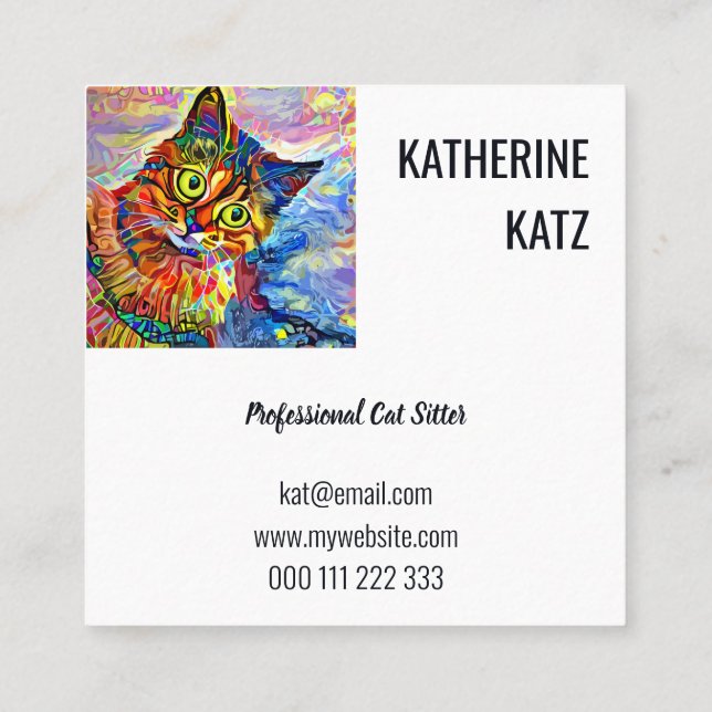 Colourful Artistic Cute Pet Cat Portrait Template  Square Business Card (Back)