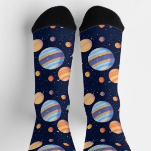 Colourful Artistic Depiction of Planets and Stars Socks