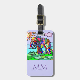 Colourful artistic folclore elephant with monogram luggage tag