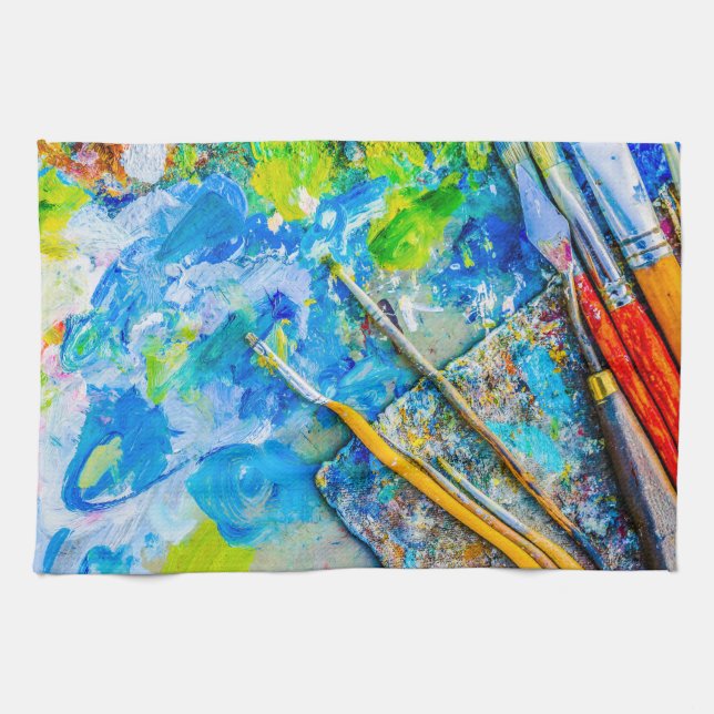 Colourful Artistic Palette And Brushes unique funn Tea Towel (Horizontal)