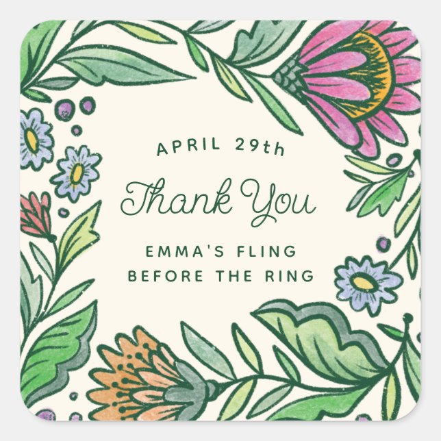 Colourful Artistic Scandi Bridal Shower Gift Favou Square Sticker (Front)