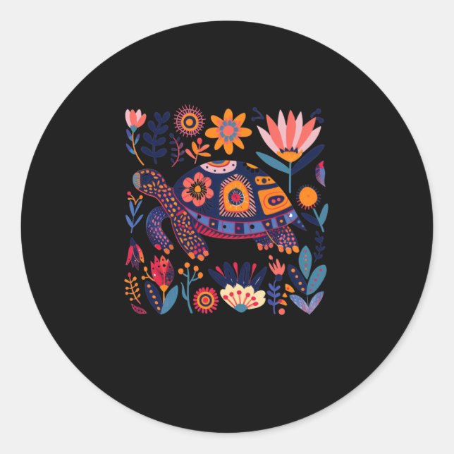 Colourful Artistic Turtle Surrounded  Classic Round Sticker (Front)