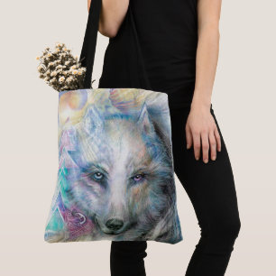 Colourful Artistic White Wolf Tote Bag