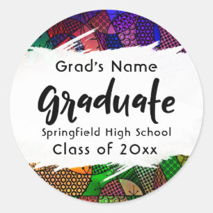 Colourful, Artsy, Geometric, Typography Graduation Classic Round Sticker