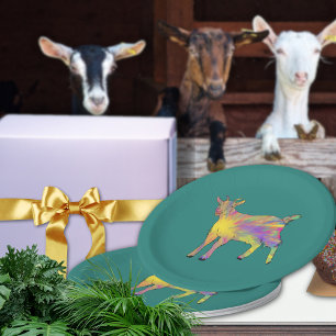 Colourful artsy goat on things just add your name paper plate