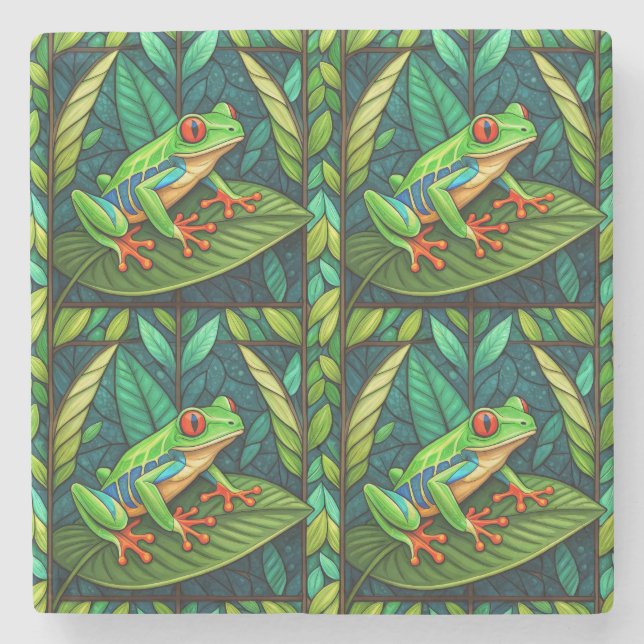 Colourful artwork of green frogs with red eyes  stone coaster (Front)