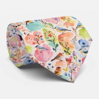 Colourful Arty Birds and Flowers Watercolor Tie