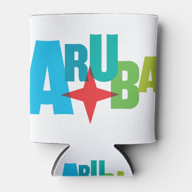 Colourful Aruba Text with Red Star Design Can Cooler (Front)