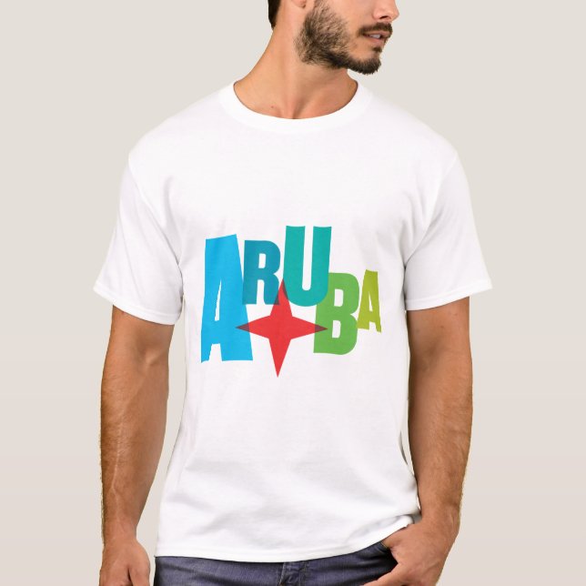 Colourful Aruba Text with Red Star Design T-Shirt (Front)