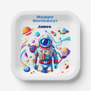Colourful Astronaut and Univers in Bold Colours Paper Plate
