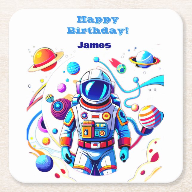 Colourful Astronaut and Univers in Bold Colours Square Paper Coaster (Front)