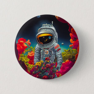 Colourful Astronaut in Space with Flowers Artwork  6 Cm Round Badge