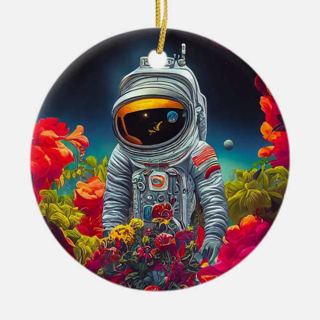 Colourful Astronaut in Space with Flowers Artwork  Ceramic Tree Decoration (Front)