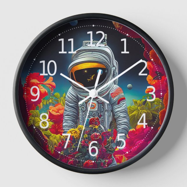 Colourful Astronaut in Space with Flowers Artwork  Clock (Front)