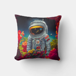 Colourful Astronaut in Space with Flowers Artwork  Cushion