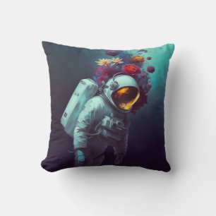 Colourful Astronaut in Space with Flowers Artwork Cushion