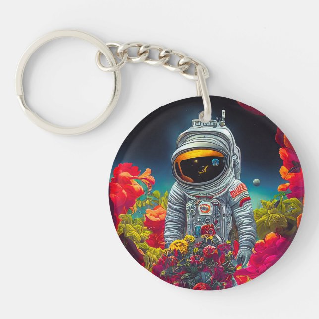 Colourful Astronaut in Space with Flowers Artwork  Key Ring (Front)