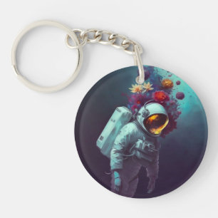 Colourful Astronaut in Space with Flowers Artwork  Key Ring